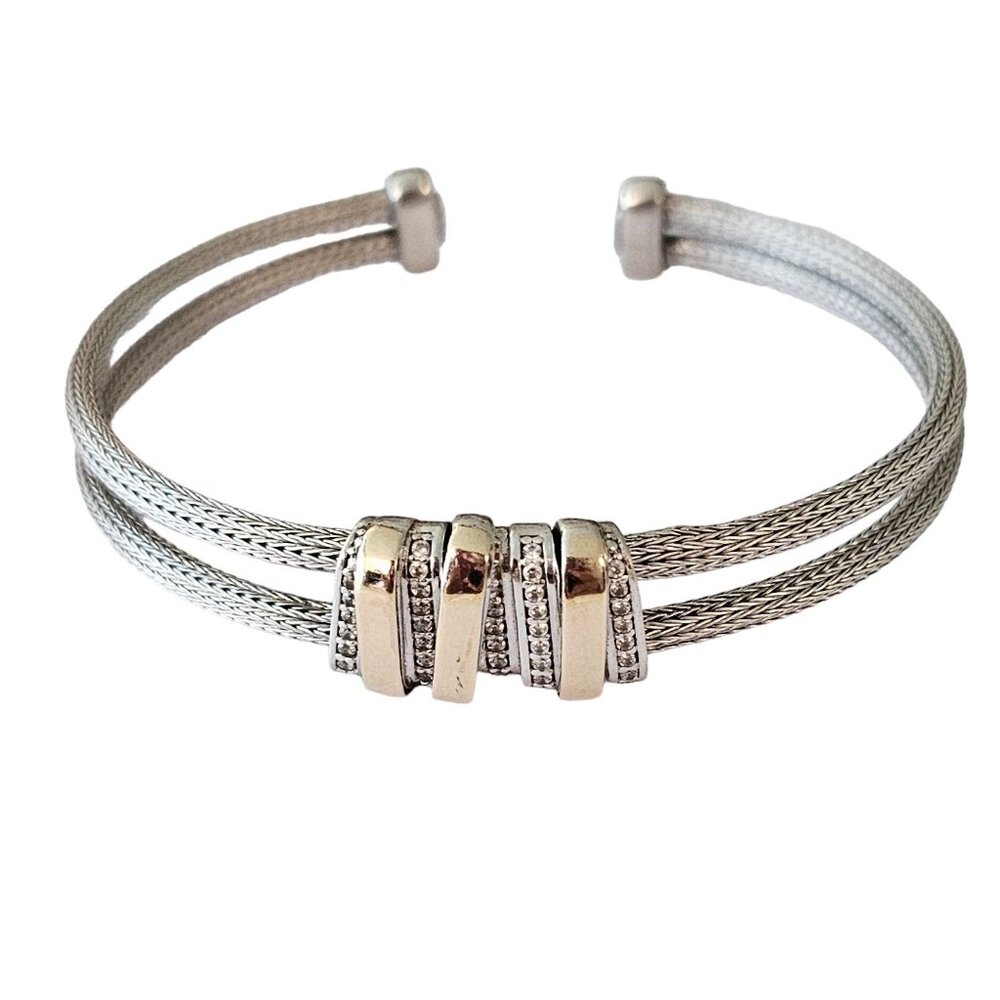 Dyadema Sterling Silver 14K Clear CZ Double Band Cuff Bracelet, Signed L167
